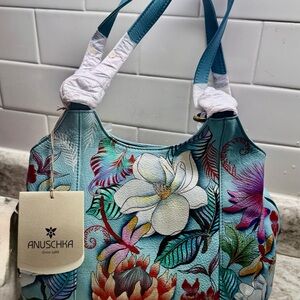 Anuschka Teal Floral Leather Shoulder Bag